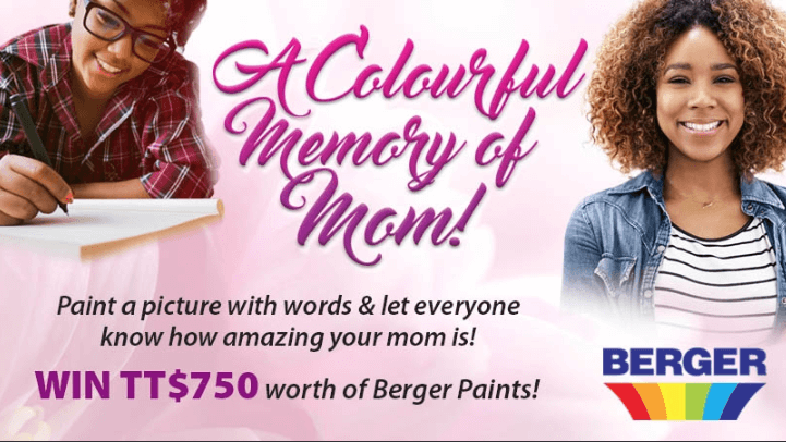 Banner announcing a Mother's Day writing contest. The image shows two young people, one of them writing. The text reads: "A colourful memory of Mom! Paint a picture with words and let everyone know how amazing your Mom is! Win $750 worth of Berger Paints!"