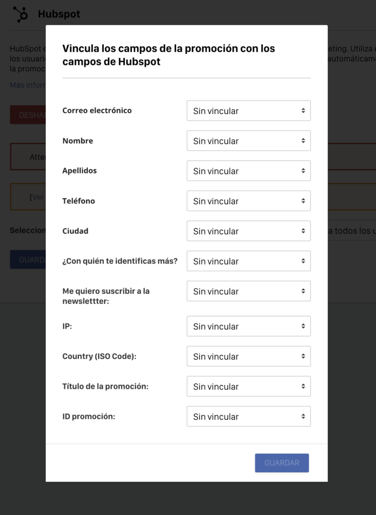 vincular campos HubSpot en integracion con sorteo