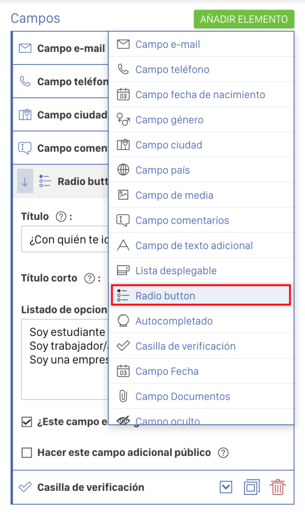 radio button para mapear campos integracion sorteo en hbuspot