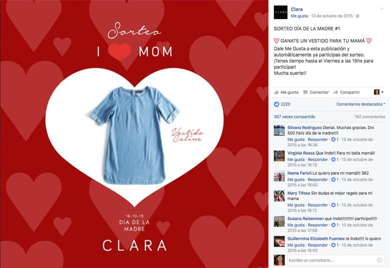 ejemplo de sorteo del Día de la Madre en Facebook