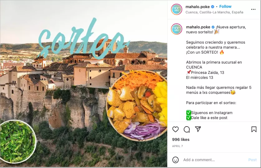 Example of Mahalo Poke Instagram Giveaway celebrating a new location opening