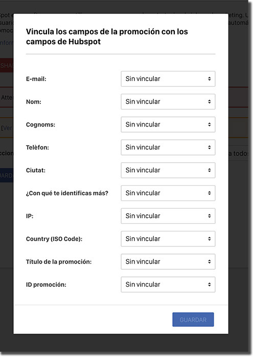 Integración con HubSpot, campos sin vincular.