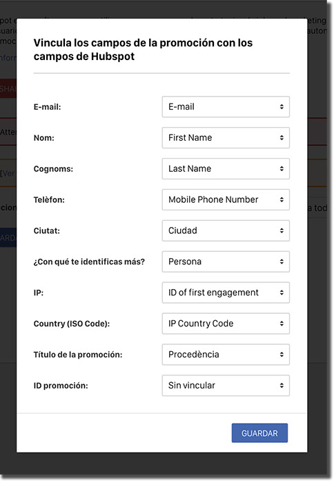 Integración con HubSpot, campos vinculados.