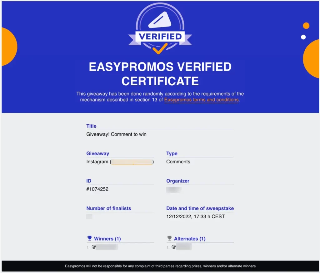Easypromos Certificate of Validity