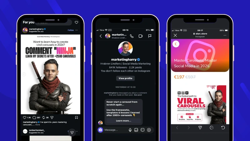 Instagram growth example: a user comments a keyword and receives an automated DM with information