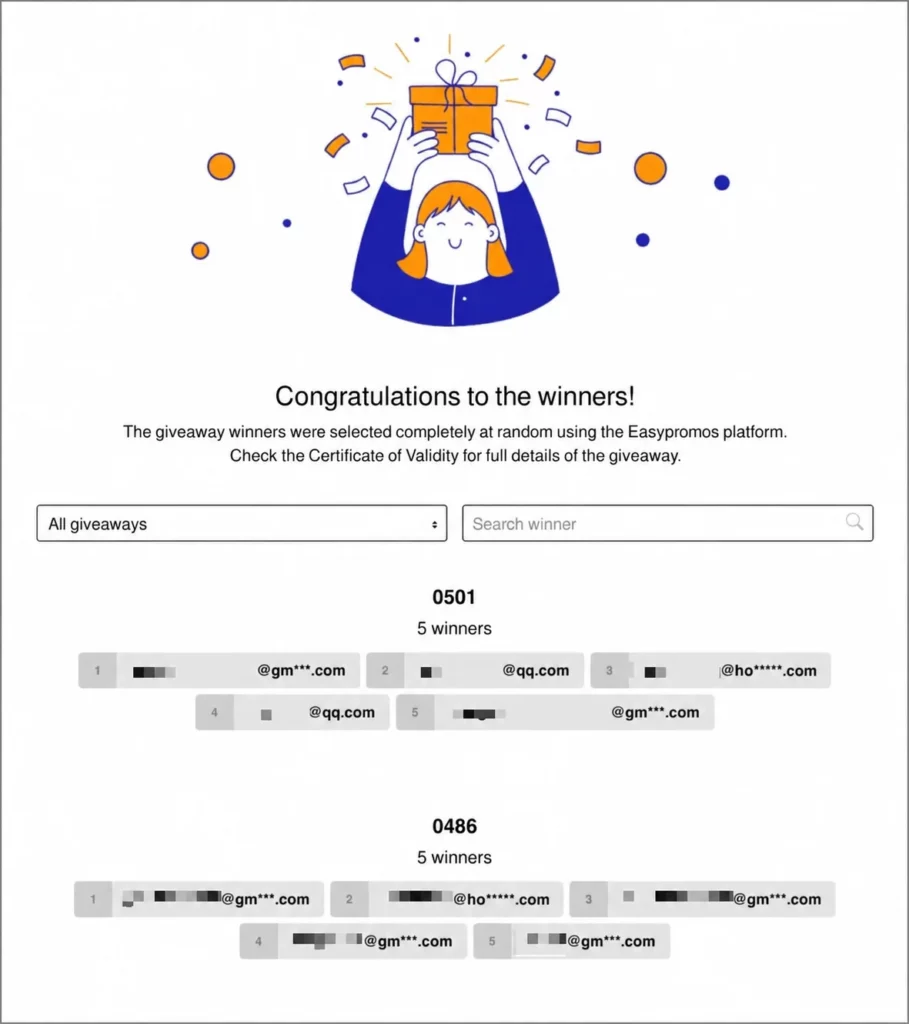 Easypromos Winners Page for a random draw with multiple winners by group or category