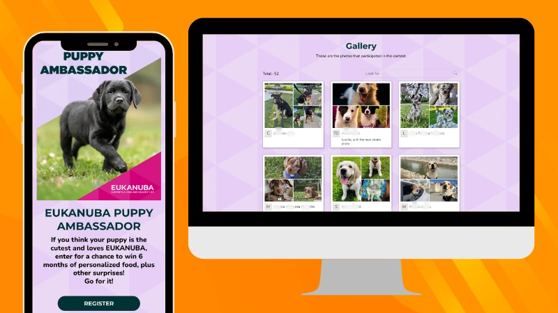 Welcome page and participant gallery from the Eukanuba pet photo contest campaign featuring user-submitted puppy photos and brand-related prizes.