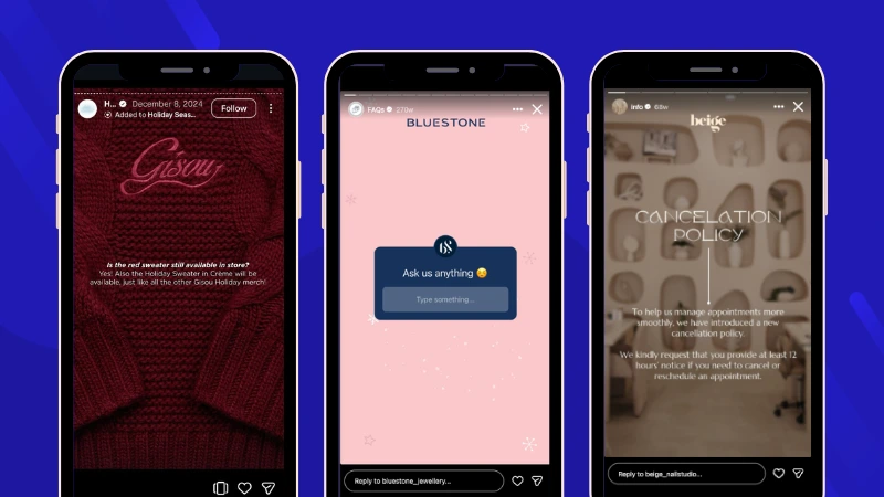 FAQ Story to DMs examples by Instagram Business accounts