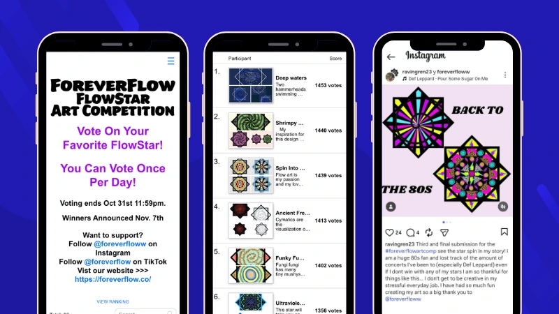 Welcome page, top-voted participant gallery and an Instagram post by a participant from the ForeverFlow online voting contest campaign.