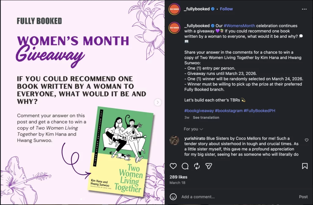 Instagram giveaway by Fully Booked asking users to comment to participate.