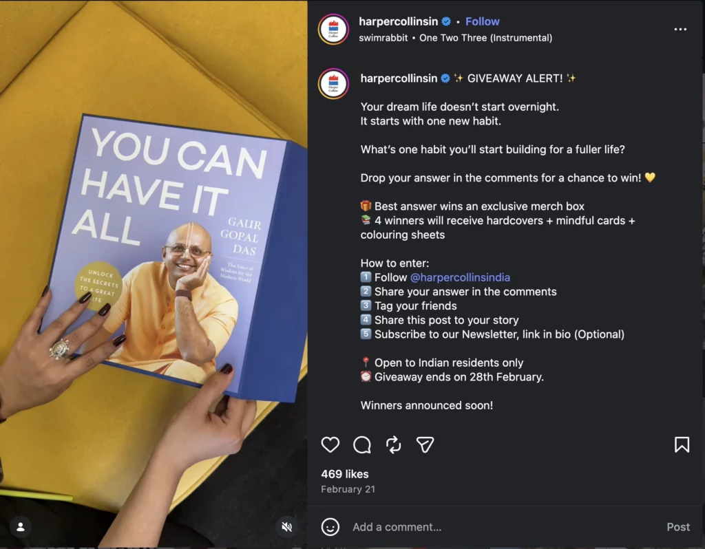 Instagram Reel giveaway by HarperCollins India promoting a book and encouraging user participation.