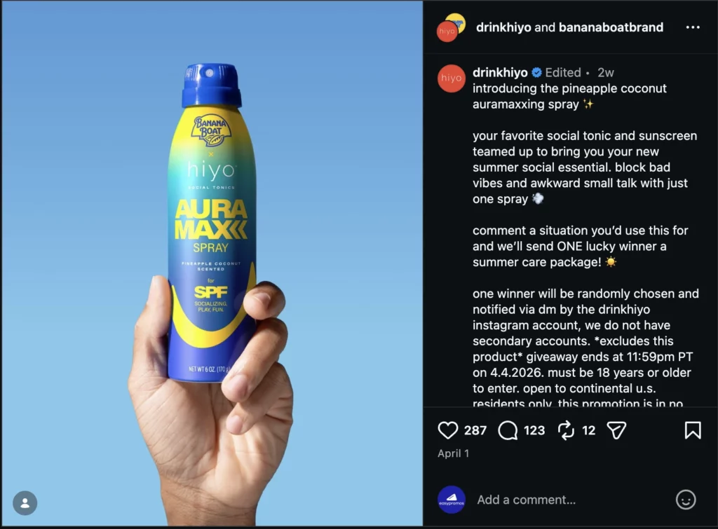 Instagram giveaway by Hiyo and Banana Boat inviting users to share summer-related responses in the comments.