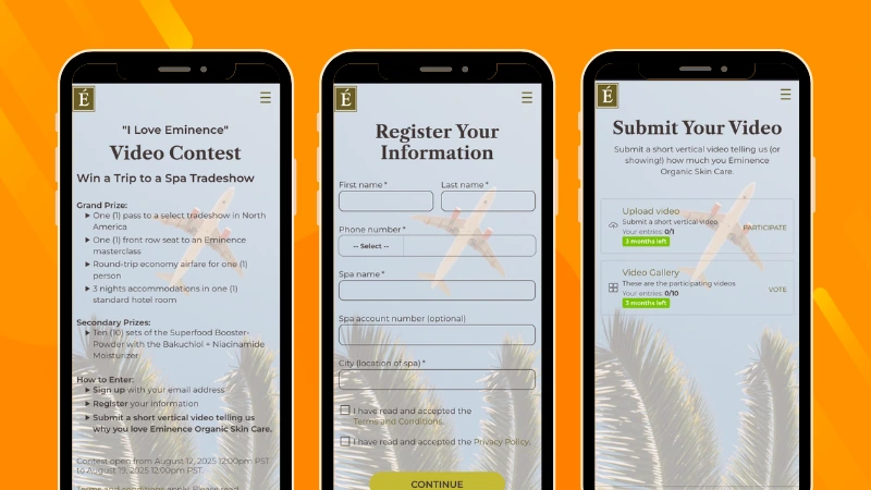 Welcome page, registration form, and video submission interface from the “I Love Eminence” video contest campaign.