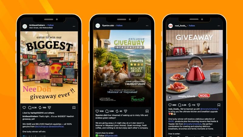 Instagram Giveaway post examples with a clear post image highlighting the word "giveaway" and clearly showing the prize to be won