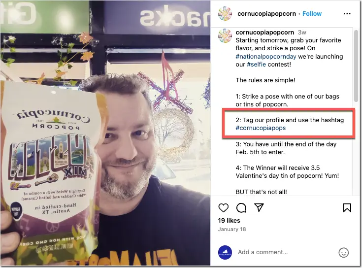 ejemplo de un concurso en Instagram mención + hashtag