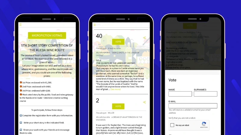 Welcome page, participant story gallery, and voting popup form from the La Ruta del Vino de Rueda short-story writing contest campaign.