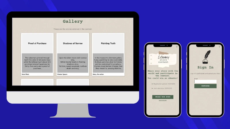 Easypromos Literary Writing Contest Demo with the welcome and sign in page and the gallery.