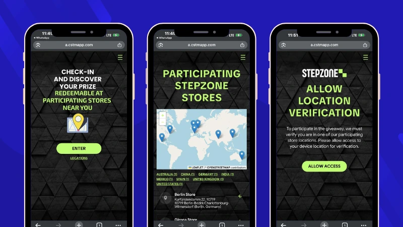 Location-based promotion showing a map of participating stores and participant location verification before joining the campaign from a physical store.
