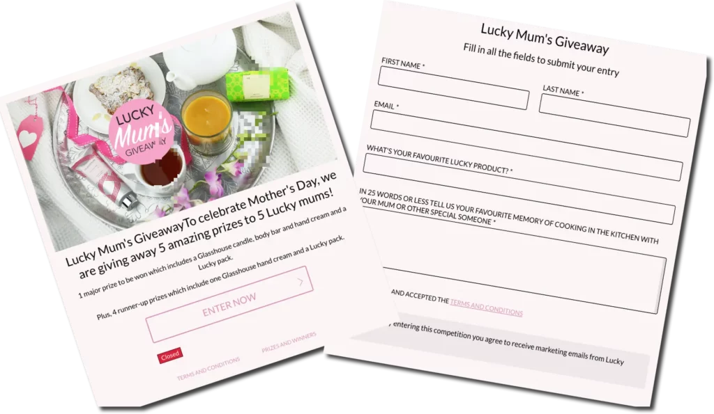 Writing contest submission form where users share personal stories and select their favorite product