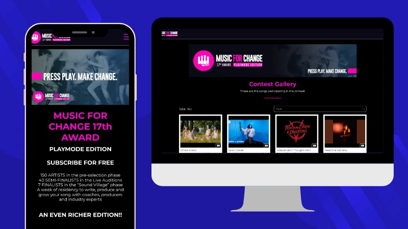 Welcome page and participant gallery from the Music for Change creative contest featuring user-submitted music video entries and public voting mechanics.
