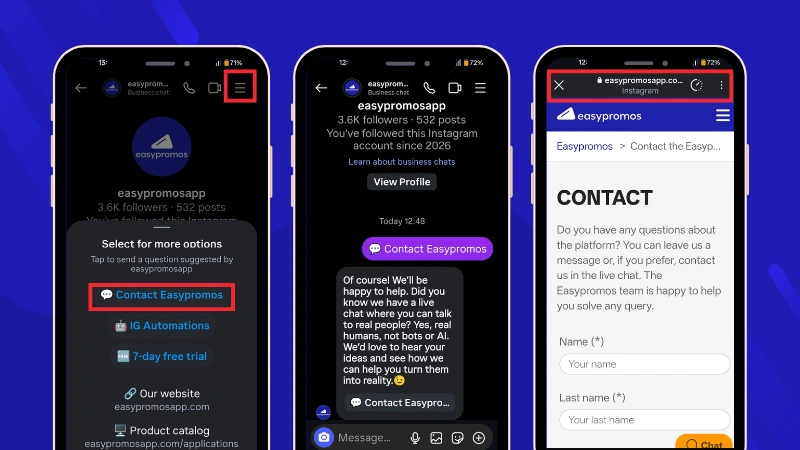 Example of Persistent Menu in Instagram Direct Messages