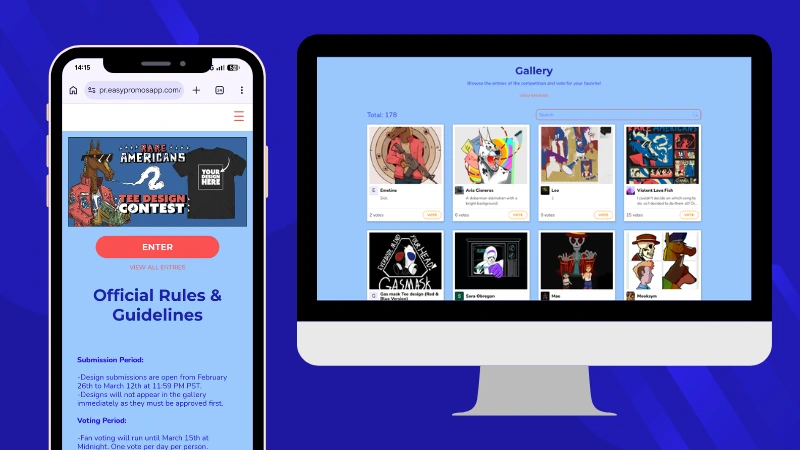 Public gallery of user-submitted t-shirt designs in a Rare Americans contest microsite