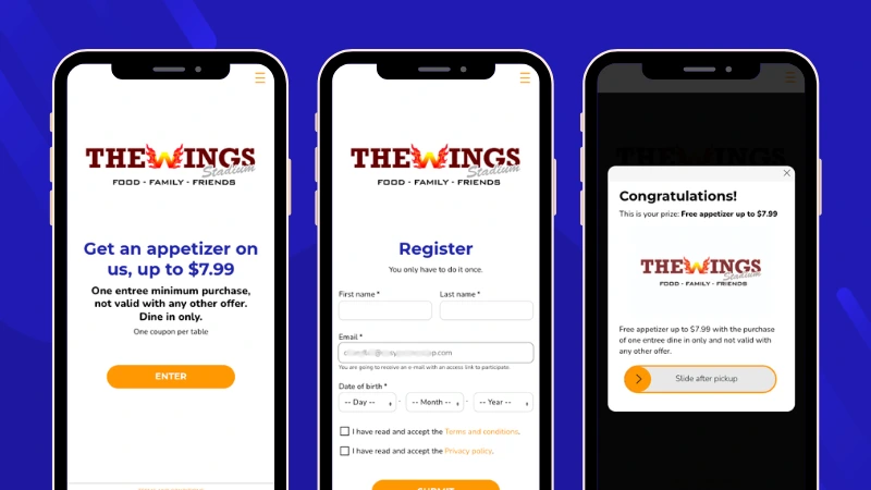 Entry Form Giveaway campaign by The Wings Stadium sports bar in Texas showing the welcome screen, registration form, and digital reward redemption screen offering a free appetizer during the playoff season.