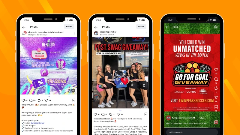 Various examples of Instagram giveaways run by different Sports Bars. 