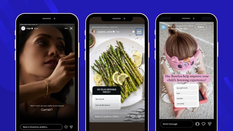 Instagram Stories showing a question sticker that generates a Direct Message conversation, alongside poll and slider stickers that increase engagement but do not create a DM thread.