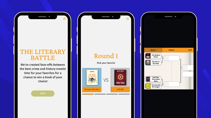 Example of a World Book Day Brackets demo where users vote for their favorite titles.