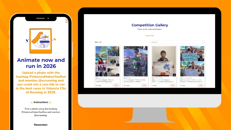 Welcome page and participant gallery from the #ValenciaMakesYouRun Instagram photo contest featuring user-generated content and public voting mechanics.