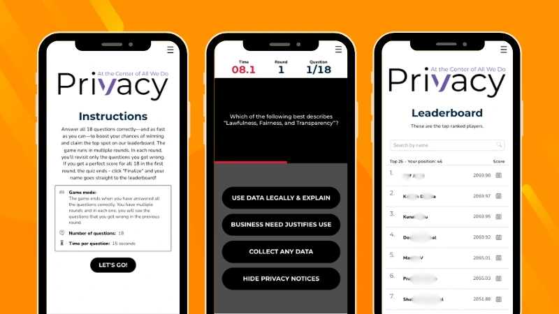 Internal timed quiz campaign by Vonage used for employee training on data privacy and compliance topics
