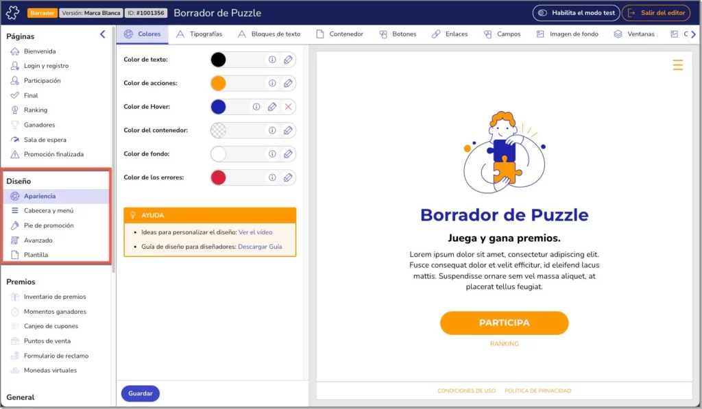 Apartado diseño dentro del editor de promociones