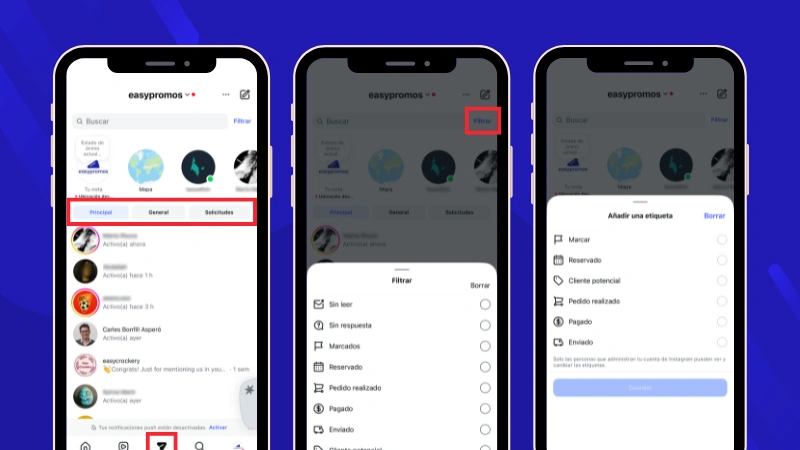 Apartados de la bandeja de entrada de los DM de Instagram.