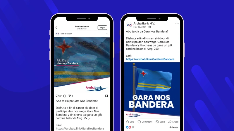 Ejemplo de publicaciones en redes de un juego de Aruba Bank