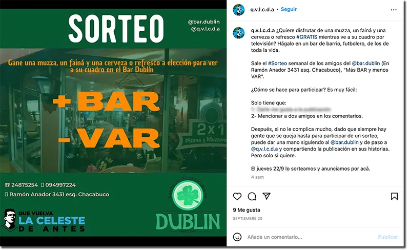 ejemplo de sorteo en instagram de un bar deportivo