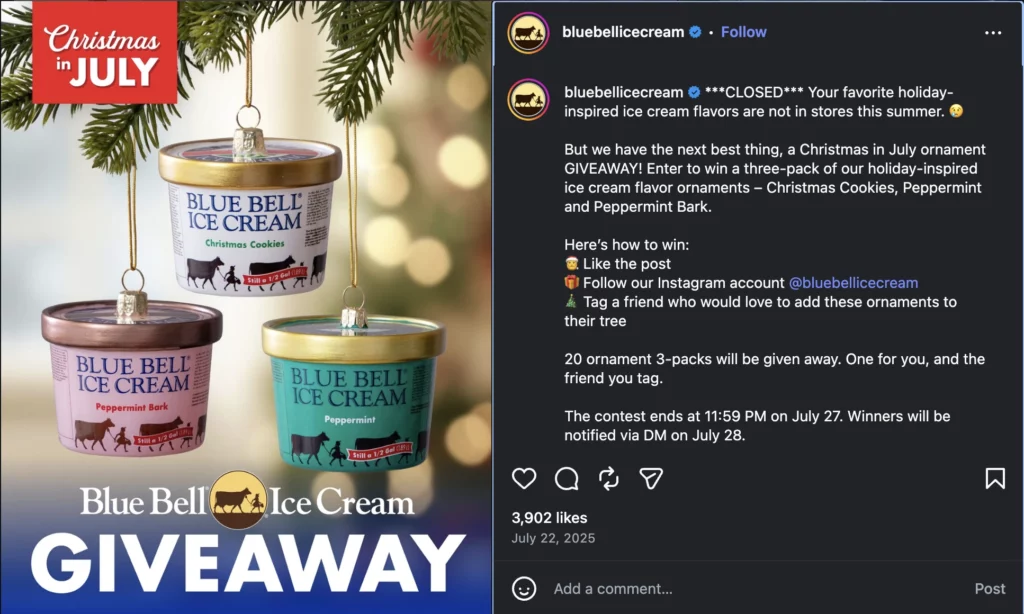 Instagram giveaway by Blue Bell using a “Christmas in July” concept to promote a seasonal campaign.