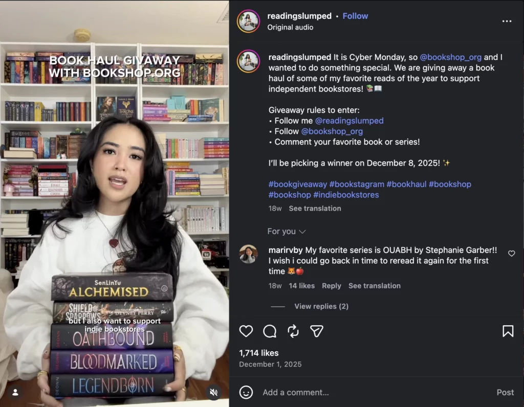 bookstore.org Instagram Reel giveaway in collaboration with content creator @readingslumped to support independent bookstores.