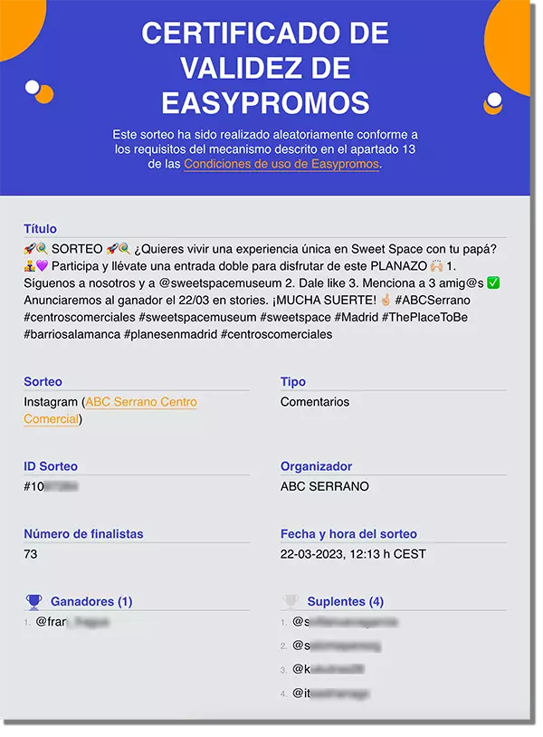 ejemplo de certificado de validez de Easypromos