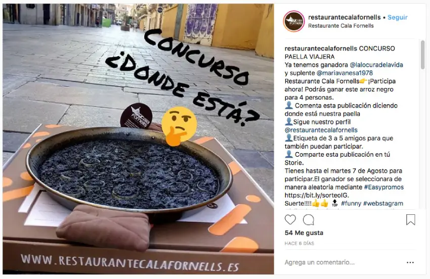 promociones de restaurantes: ejemplo de sorteo en Instagram