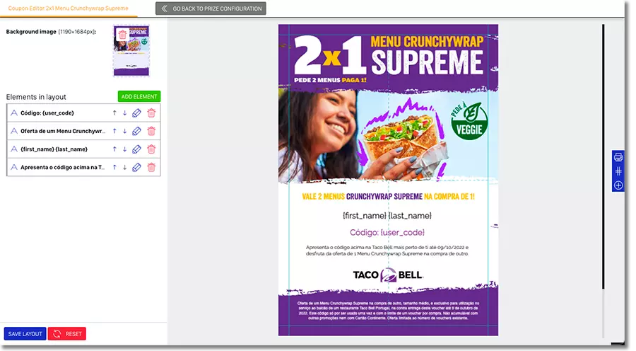 cupon de tacobell editado con la aplicación de Easypromos