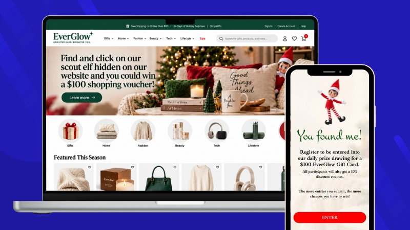 Example of a Hidden Elf on the Shelf campaign on a brand website and the entry form to register for the giveaway