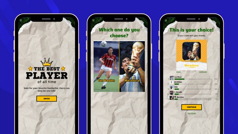 Face Off football voting campaign comparing legendary players and allowing participants to choose their favorite through successive matchups.