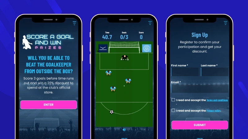 Free Kick football game showing the welcome screen, goal-scoring gameplay, and registration form where participants try to score as many goals as possible before time runs out.