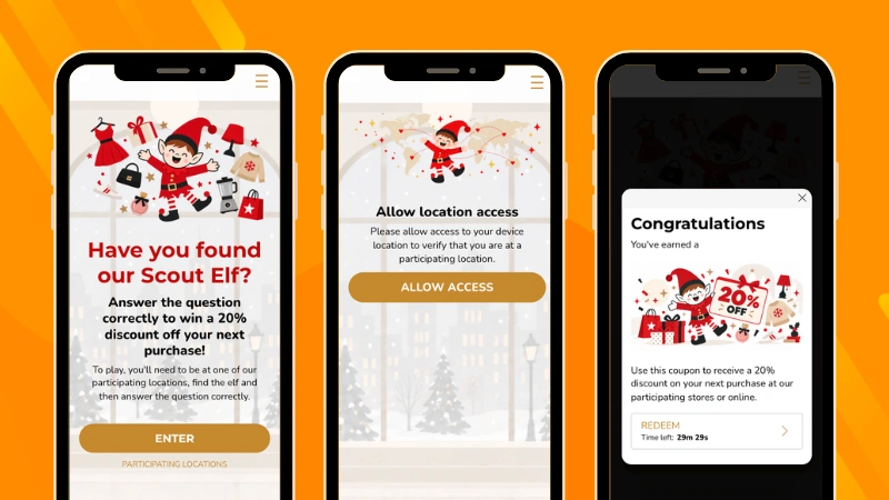 Example of an Elf on the Shelf campaign where customers could search for a hidden elf at participating store locations and answer where the elf was hiding to win a discount.