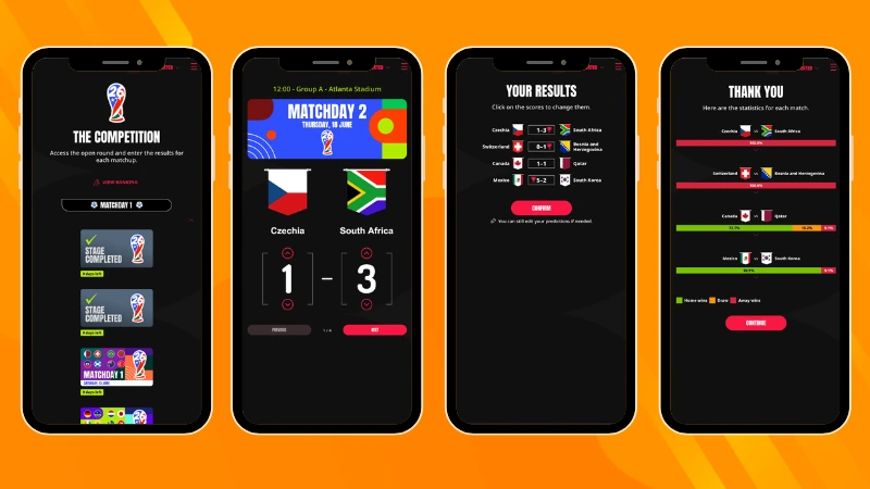 Multi-Round Score Predictor campaign for the 2026 World Cup showing multiple match days, scoring predictions for match day, and cumulative rankings throughout a football tournament.