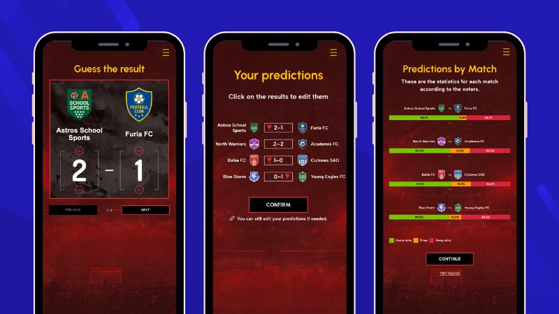 Score Predictor campaign for a football tournament showing score predictions, participant predictions for match day, and community prediction statistics.