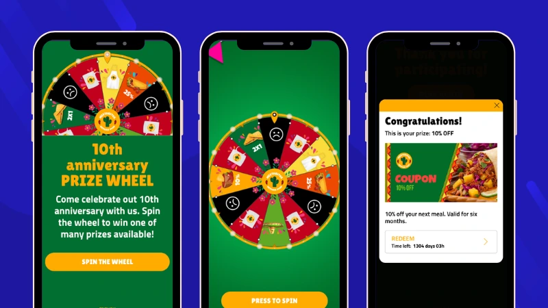 Restaurant anniversary Prize Wheel campaign showing the welcome screen, the spinning wheel with instant prizes, and a digital coupon redemption screen used to collect participant data.