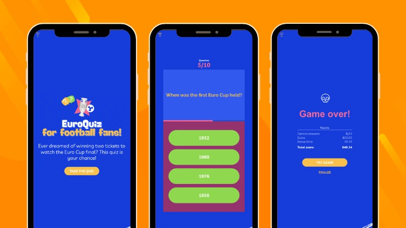Timed football trivia campaign for the 2028 Euro Cup showing welcome page, multiple-choice questions with a countdown timer, participant final score.