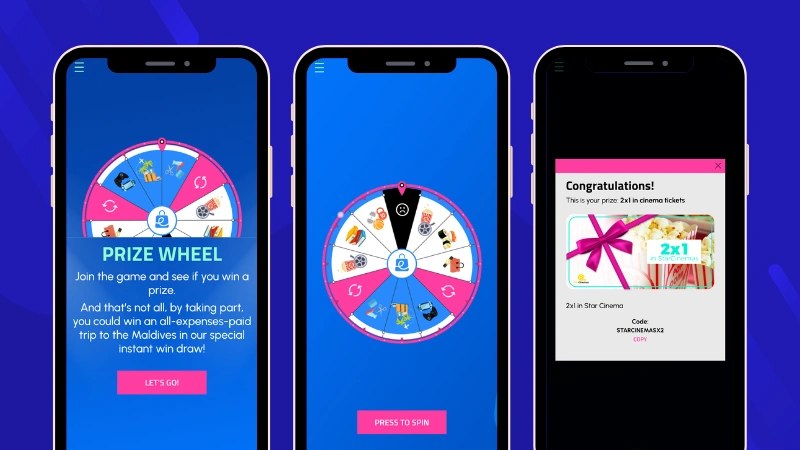 Example of Spin the Wheel with "Try again" segments, light effects, and prize message. 